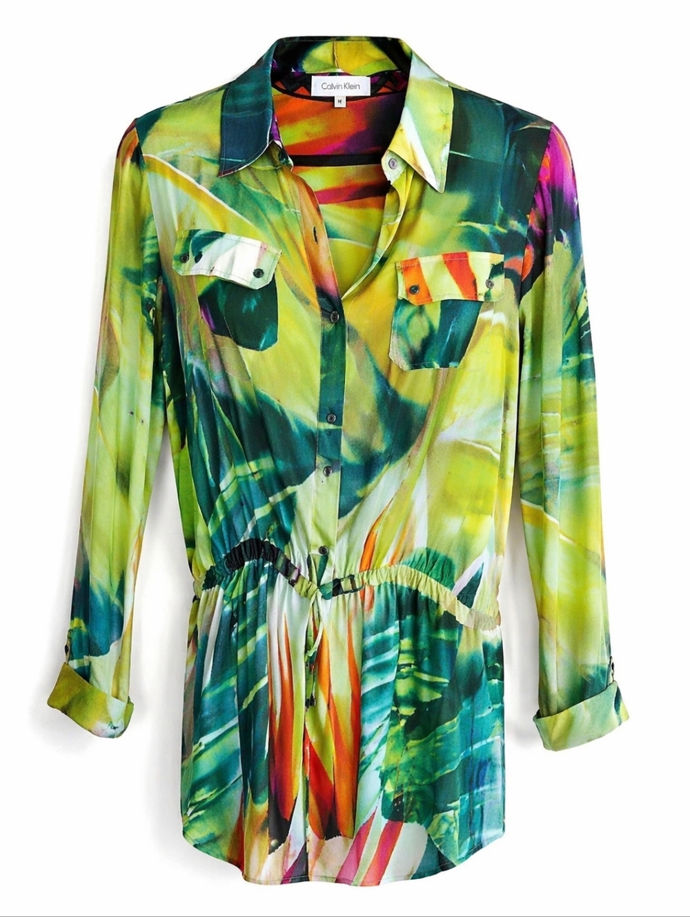Calvin Klein Green Abstract Print Cinch Waist Tunic Button Front Blouse Medium